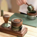 Solid walnut espresso tamper holder stand with anodized aluminum accent