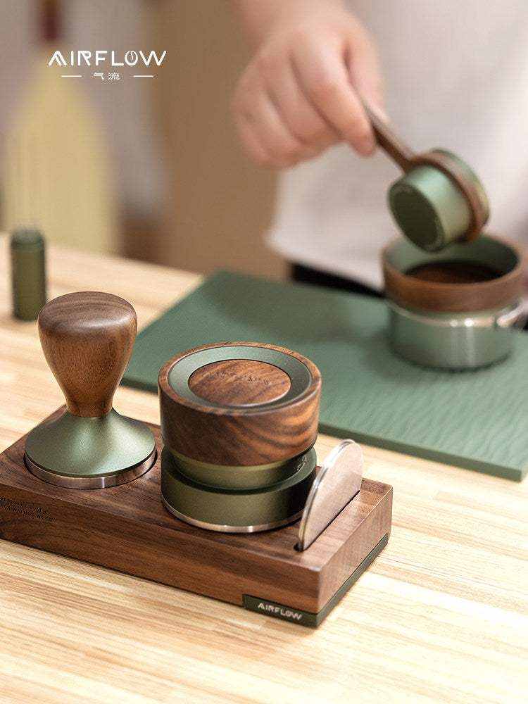 Solid walnut espresso tamper holder stand with anodized aluminum accent