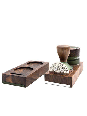 solid walnut 58mm espresso tamper holder stand with aluminum accent