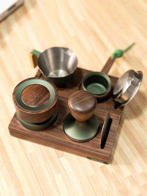 solid walnut espresso tamper holder stand with anodized aluminum accent