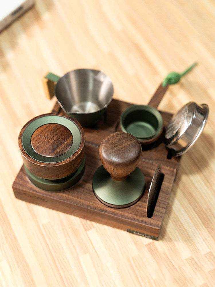 solid walnut espresso tamper holder stand with anodized aluminum accent