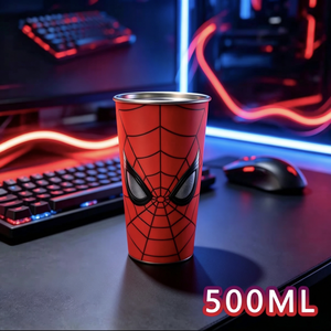 Spider-Man color changing tumbler with lid and straw showing cold-activated red mask design