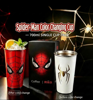 Spider-Man color changing tumbler with lid and straw showing red mask design