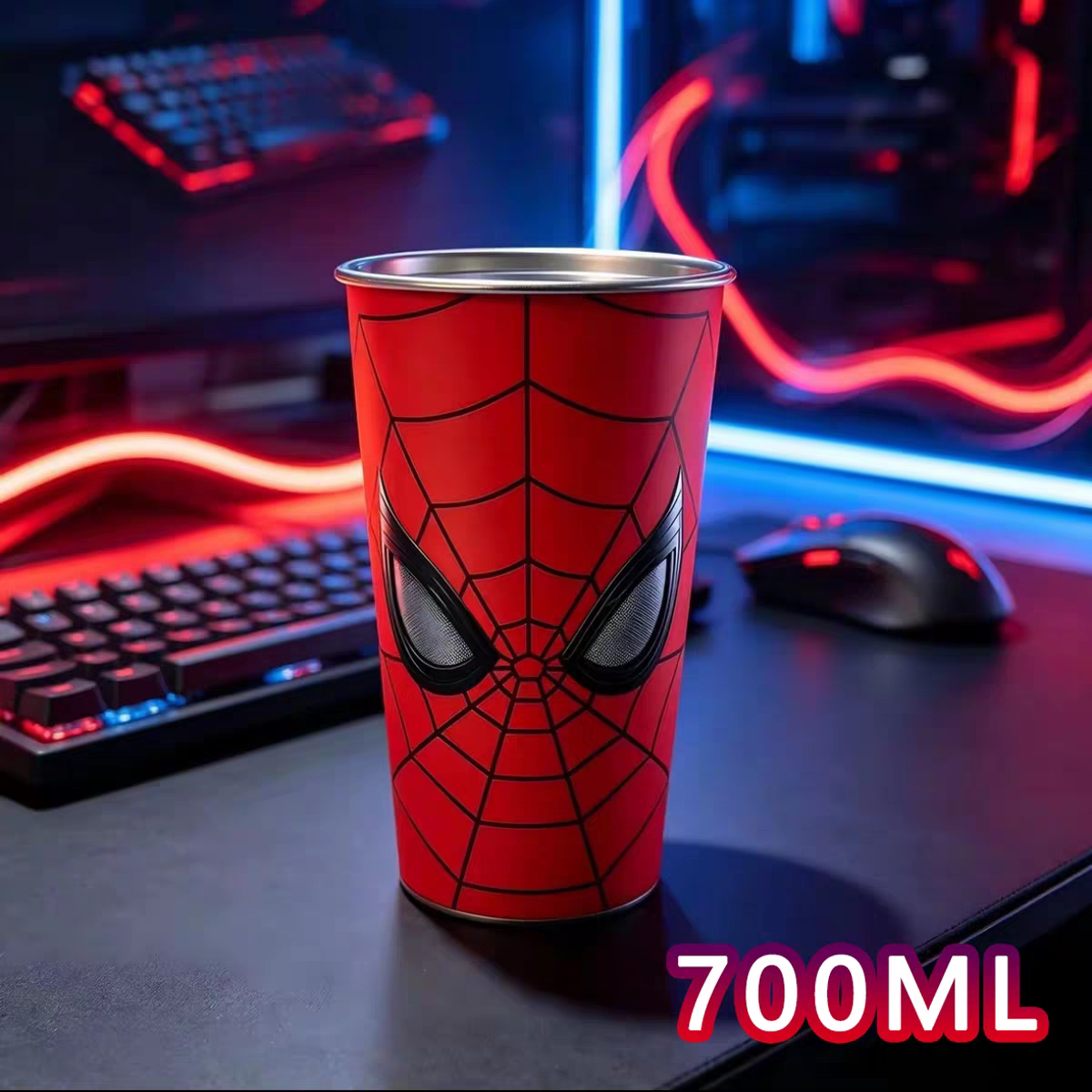 Spider-Man color changing tumbler with lid and straw showing red mask design