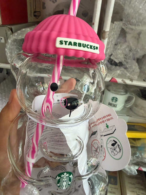 Starbucks Bearista glass cold cup with silicone beanie lid and reusable straw