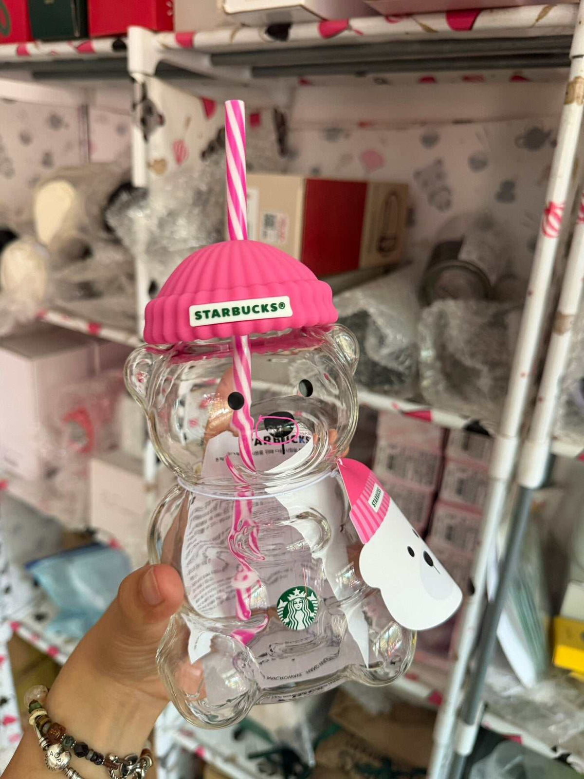 Starbucks Bearista glass cold cup with silicone beanie lid and reusable straw