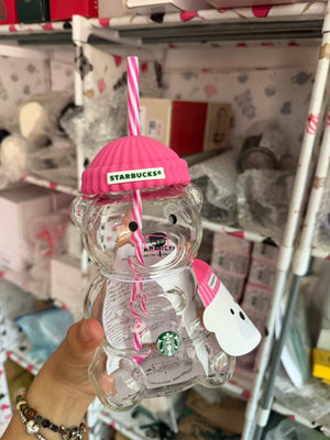 Starbucks Bearista glass cold cup with silicone beanie lid and reusable straw