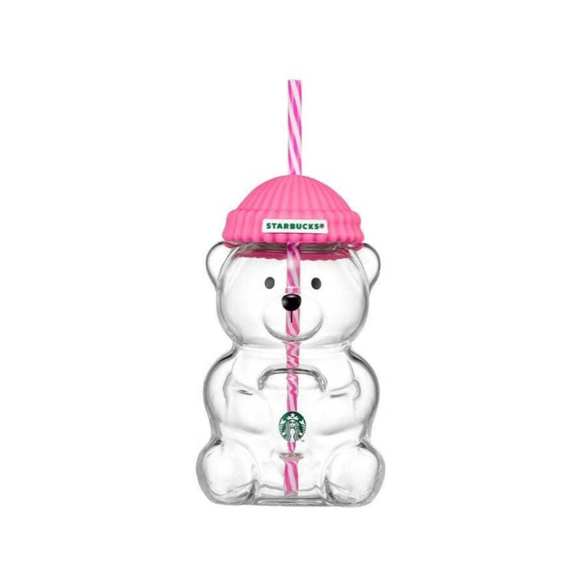 Starbucks Bearista clear glass cold cup with silicone beanie lid and straw