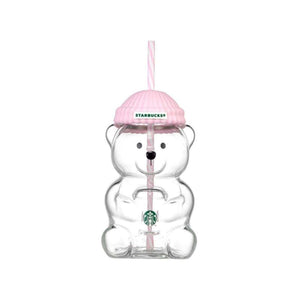 Starbucks Bearista glass cold cup with silicone beanie lid and straw