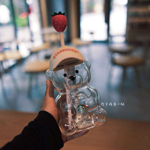 Starbucks Bearista 3D glass cold cup with silicone beanie lid and reusable straw