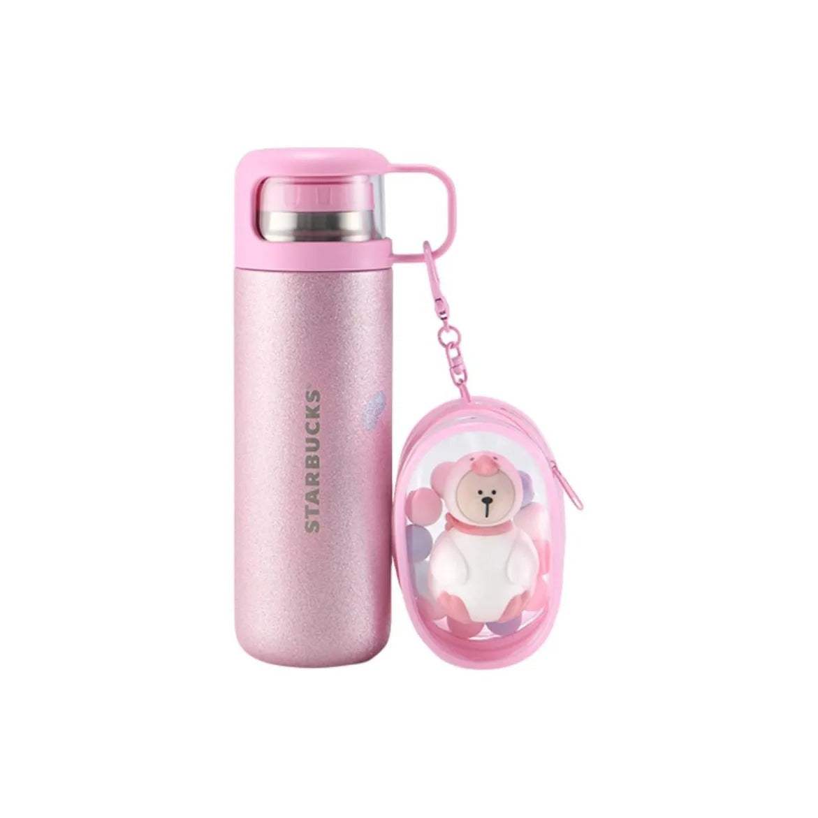 Starbucks pink stainless steel water bottle with glitter charm pouch