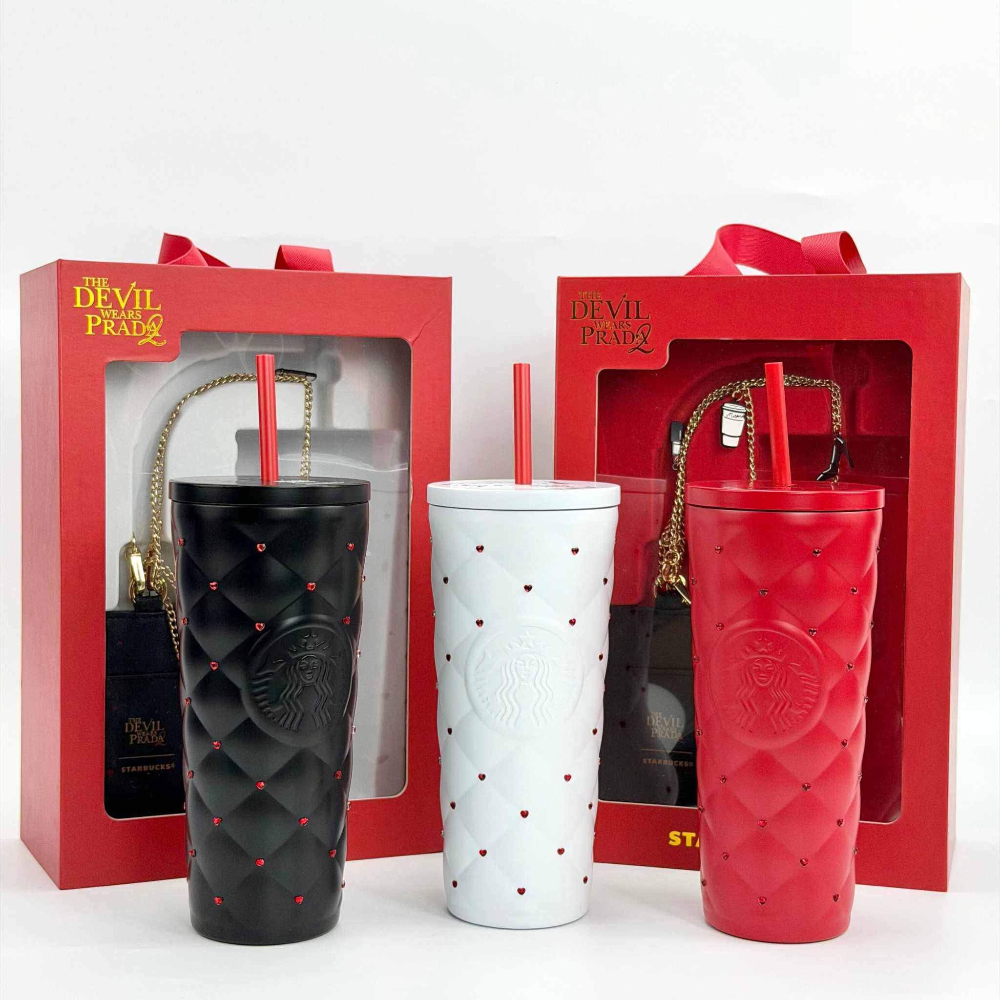 Starbucks Cup 2026 Prada Queen collaboration with heart-shaped diamond stainless steel straw gift box