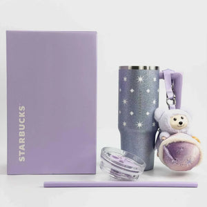 Starbucks Cup 2026 purple galaxy series large stainless steel cup with bear pendant