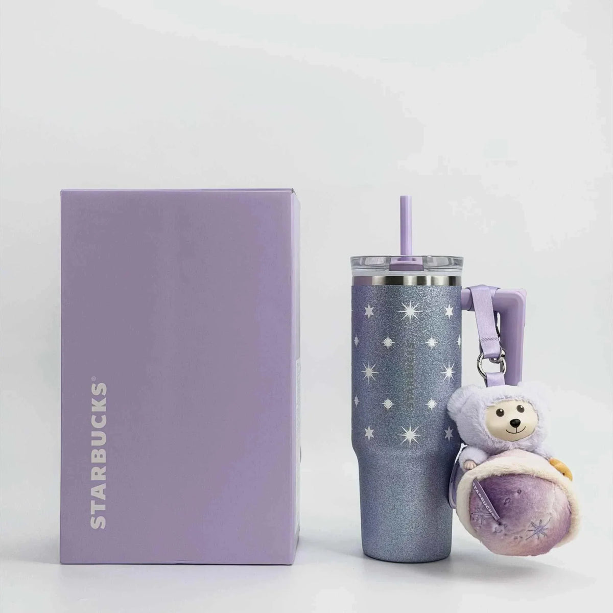 Starbucks Cup 2026 purple night galaxy stainless steel straw cup with bear pendant