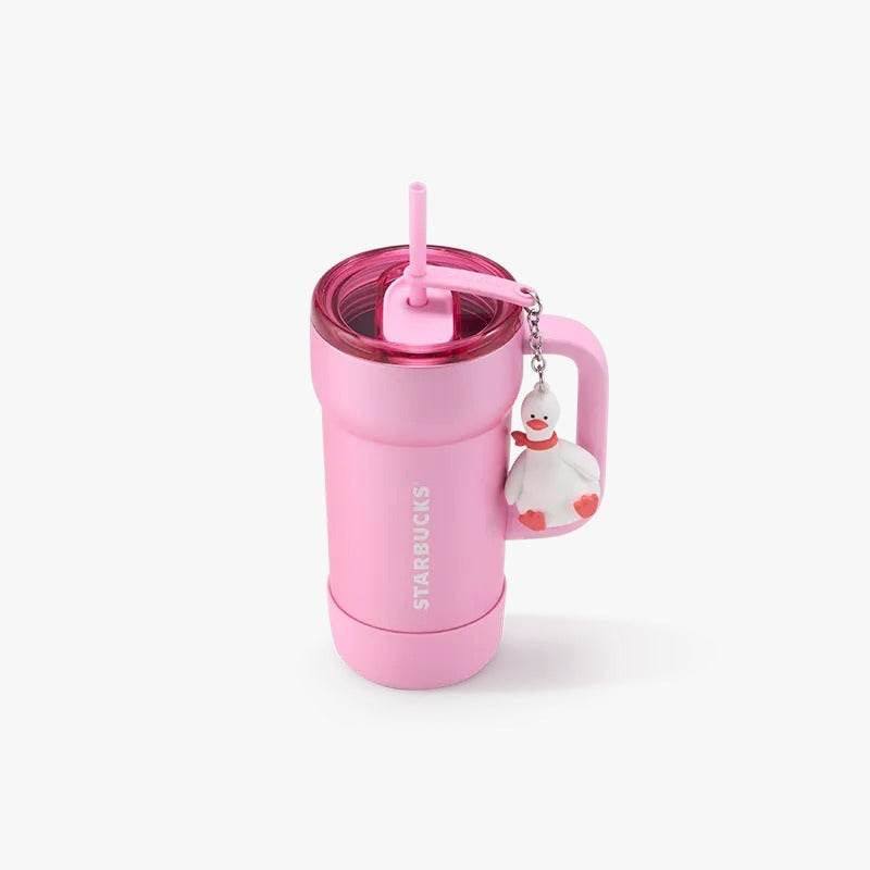 Starbucks pink stainless steel tumbler with 3D duck charm and handle