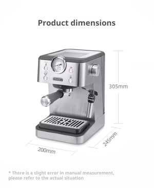 delonghi EM450 silver semi-automatic espresso machine with steam wand and pressure gauge