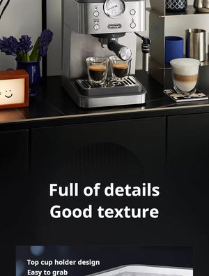 delonghi EM450 silver semi-automatic coffee machine with milk frother and 15 bar pump for home and office use
