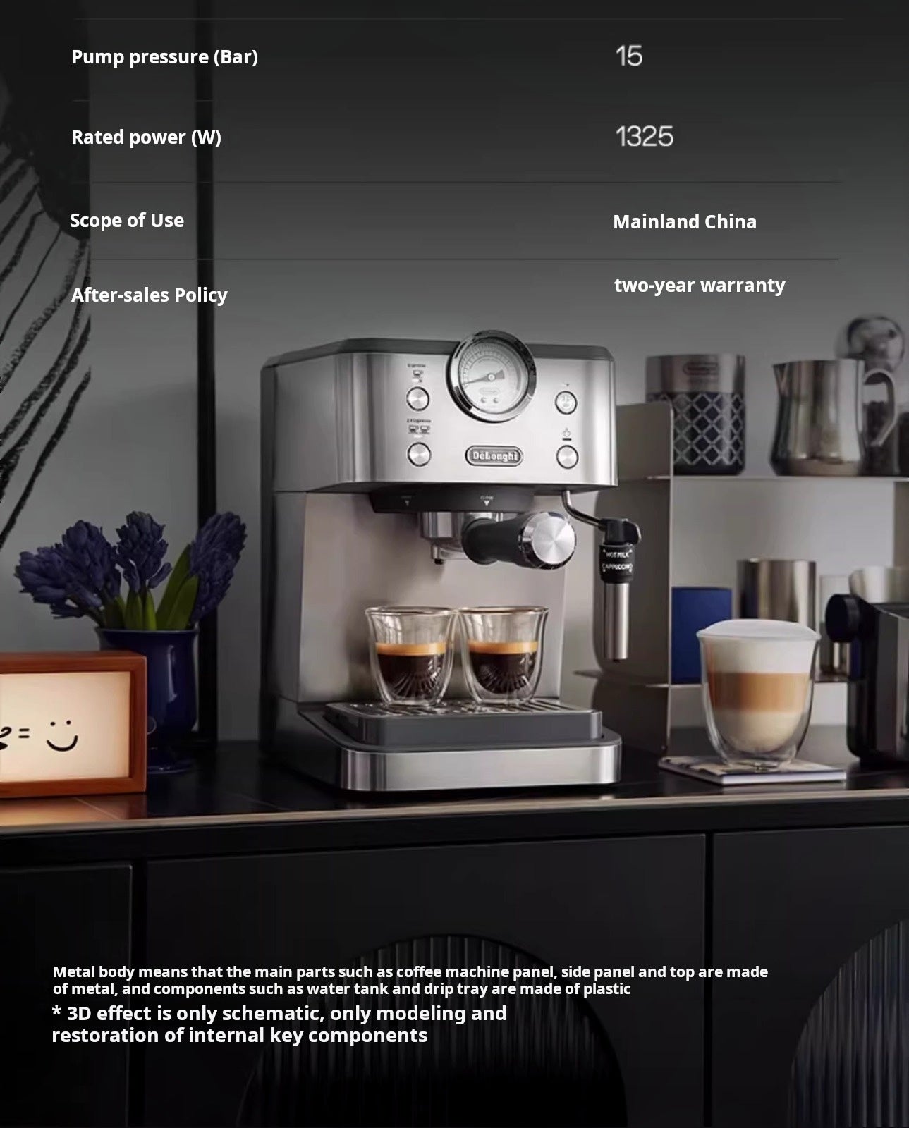 delonghi EM450 silver semi-automatic espresso machine with milk frother and pressure gauge for home and office use
