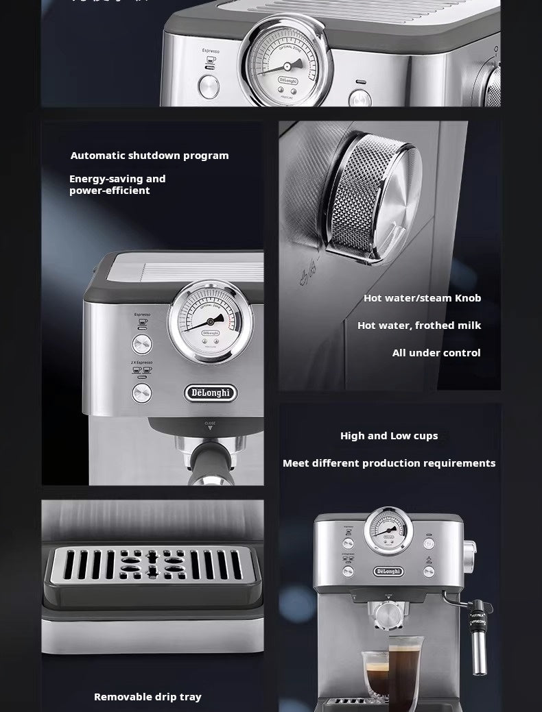 delonghi EM450 silver semi-automatic coffee machine with milk frother and pressure gauge
