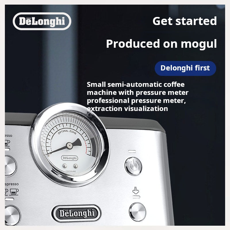 delonghi EM450 silver semi-automatic espresso machine with steam wand and pressure gauge