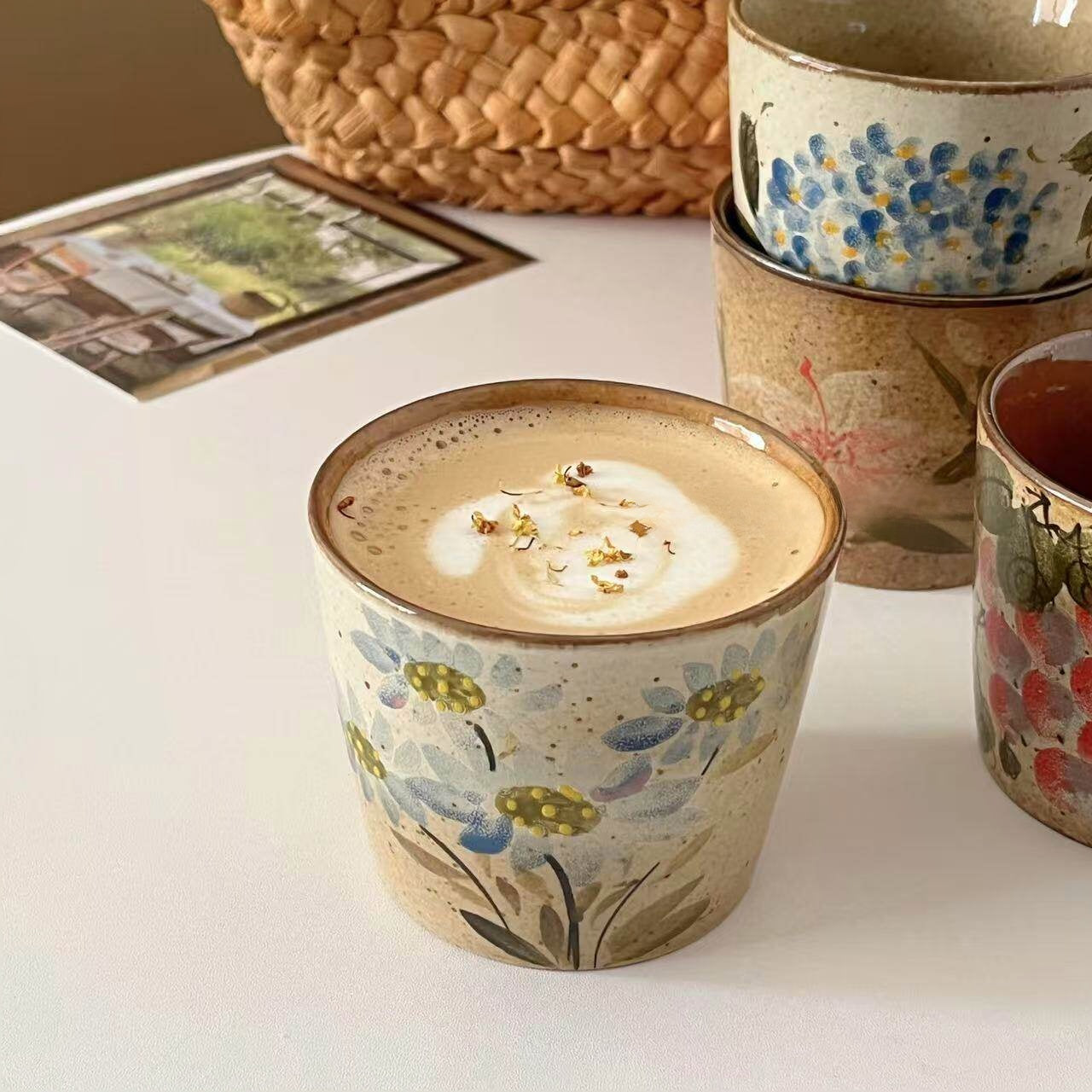 Vintage Jingdezhen handmade stoneware pig's mouth cup underglaze color coffee cup holding cup latte art cup teacup