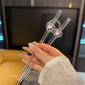 Transparent pink love straw glass tube ins high value design sense Internet celebrity style high temperature resistant drinking water for students
