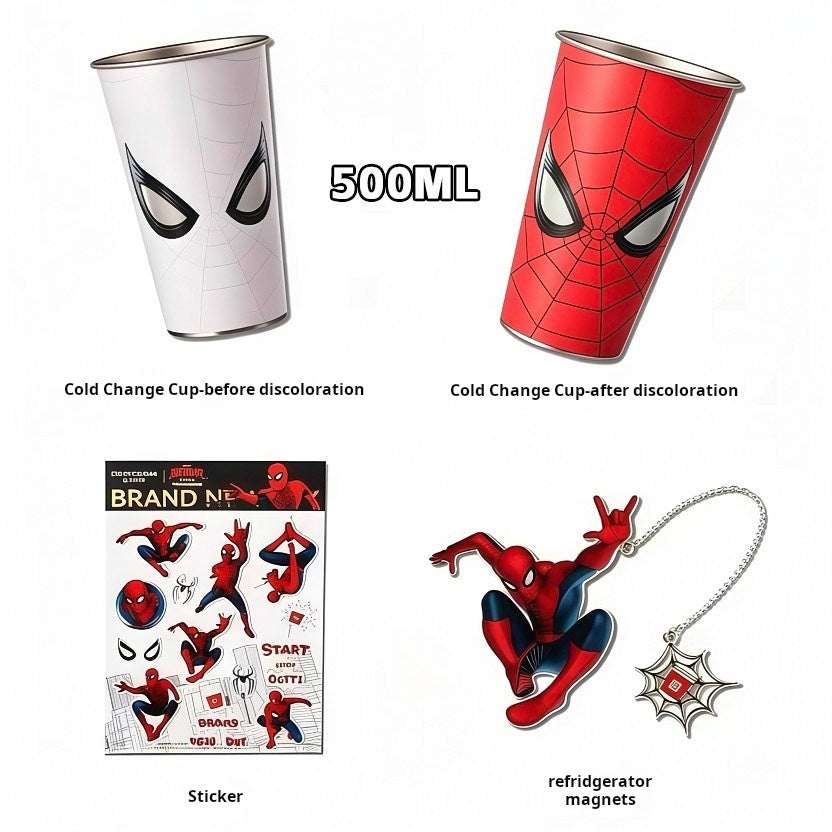 Spider-Man color changing tumbler with lid and straw showing red suit design