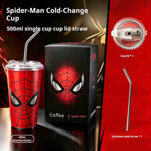 Spider-Man color changing tumbler with lid and straw showing cold-activated red suit design