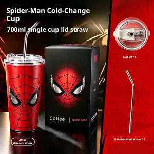 Spider-Man color changing tumbler with lid and straw showing red Spider-Man suit design