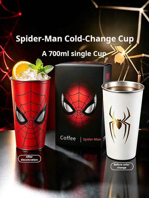 Spider-Man color changing tumbler with lid and straw showing red Spider-Man suit and web pattern on stainless steel body