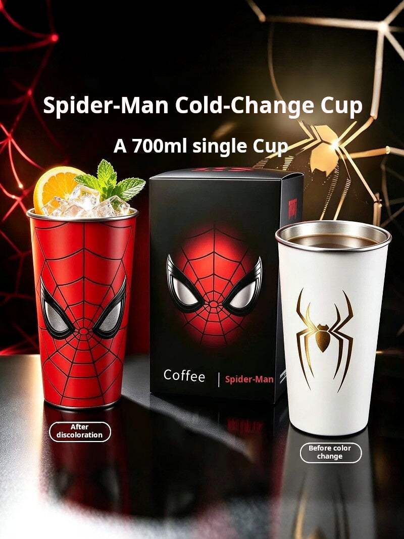 Spider-Man color changing tumbler with lid and straw showing red Spider-Man suit and web pattern on stainless steel body