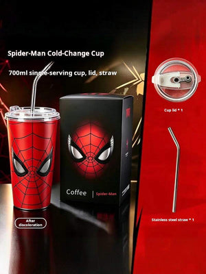 Spider-Man color changing tumbler with lid and straw showing white to red color shift