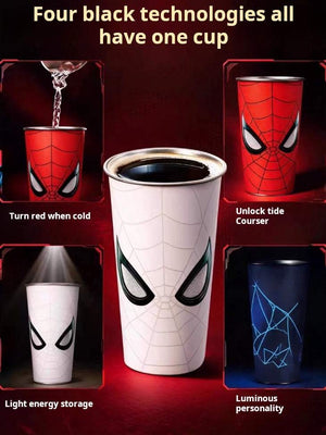 Spider-Man color changing tumbler with lid and straw showing red Spider-Man suit design