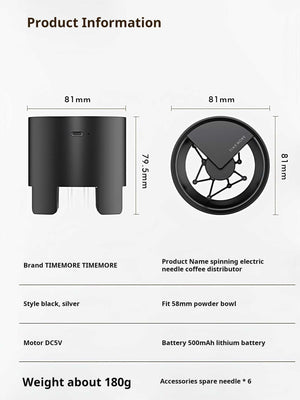 TIMEMORE AutoSpin Electric WDT tool with 12 needles for even coffee grounds distribution in 58mm portafilter