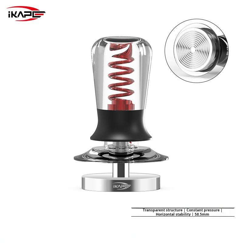 iKAPE spring loaded espresso tamper with ripple base and transparent handle for consistent tamping pressure