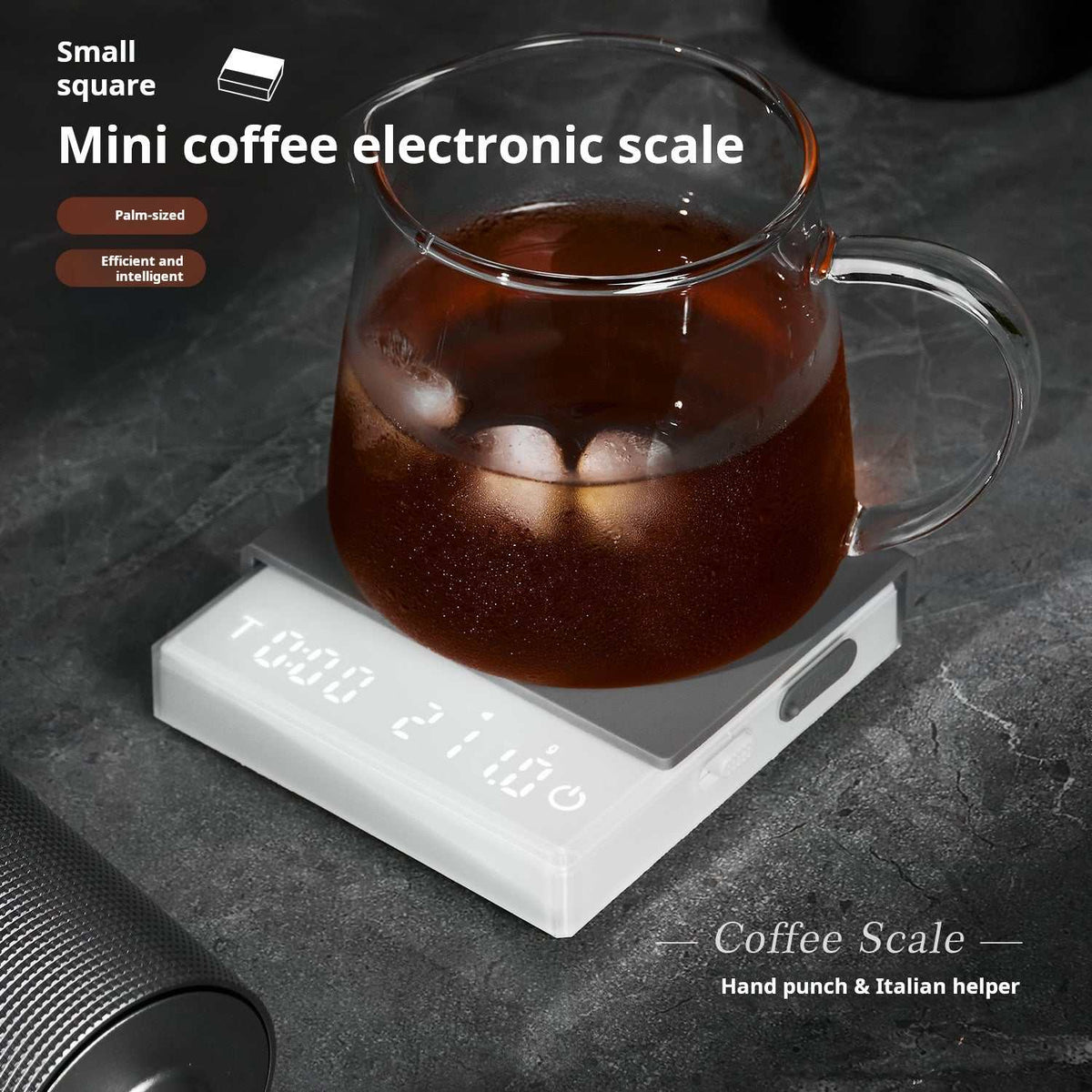 Mini Coffee Scale with Timer Digital Espresso Scale on white background showing dual LED display and compact design