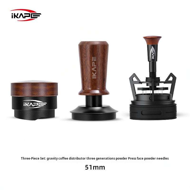 IKAPE 3-Piece Espresso Tamper and Distributor Tool Set with walnut wood handles and stainless steel components