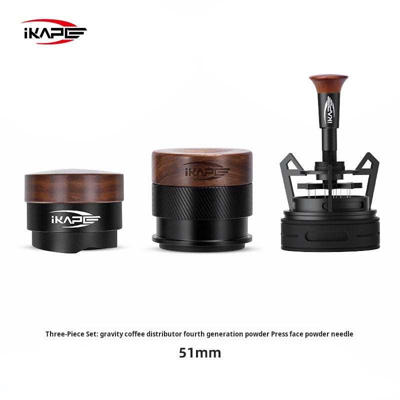 IKAPE 3-Piece Espresso Tamper and Distributor Tool Set with walnut wood handles and stainless steel components
