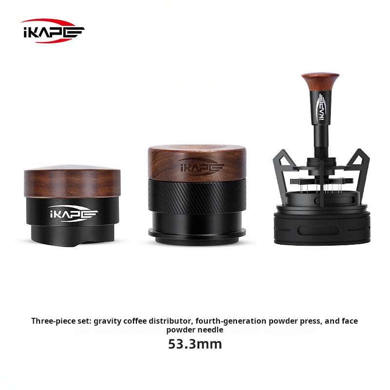 IKAPE 3-Piece Espresso Tamper and Distributor Tool Set with walnut wood and anodized aluminum for perfect espresso puck preparation