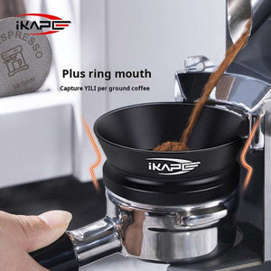 IKAPE Universal Magnetic Espresso Dosing Funnel in matte black anodized aluminum attached to espresso machine portafilter