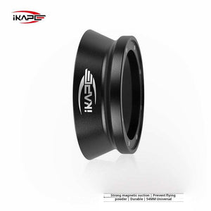 IKAPE Universal Magnetic Espresso Dosing Funnel in matte black anodized aluminum attached to a portafilter