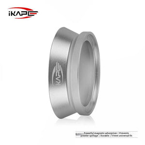 IKAPE Universal Magnetic Espresso Dosing Funnel in matte black attached to portafilter for mess-free espresso dosing