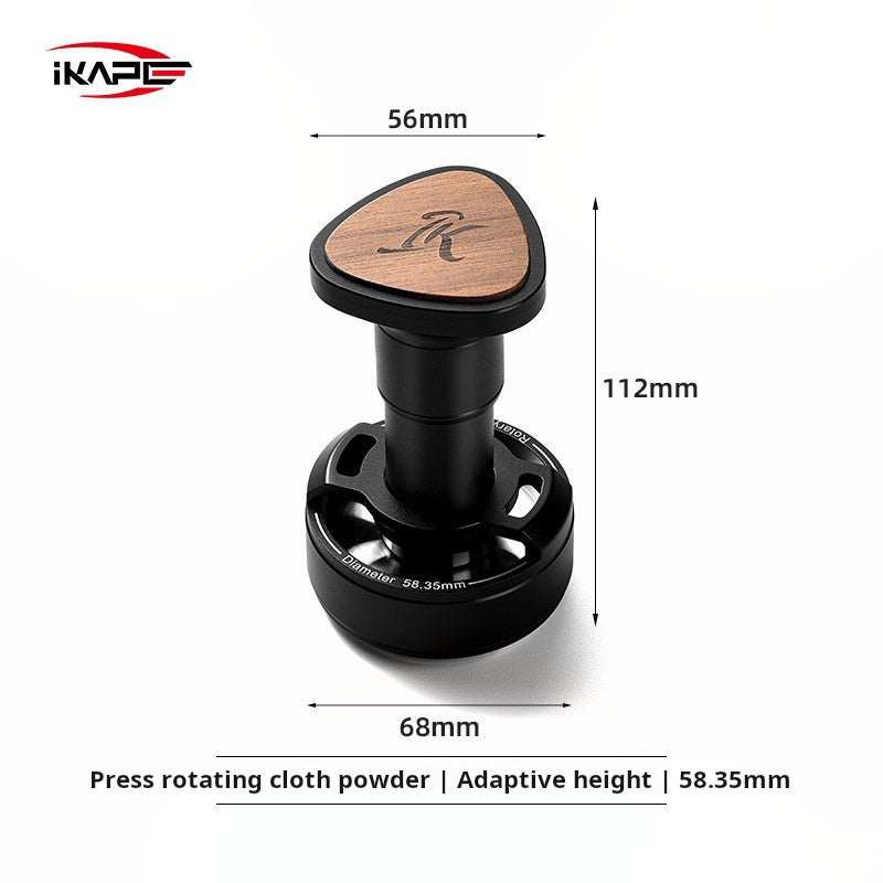 IKAPE Espresso Distributor tool with rotary coffee leveler, stainless steel base, wooden handle, and anodized aluminum body