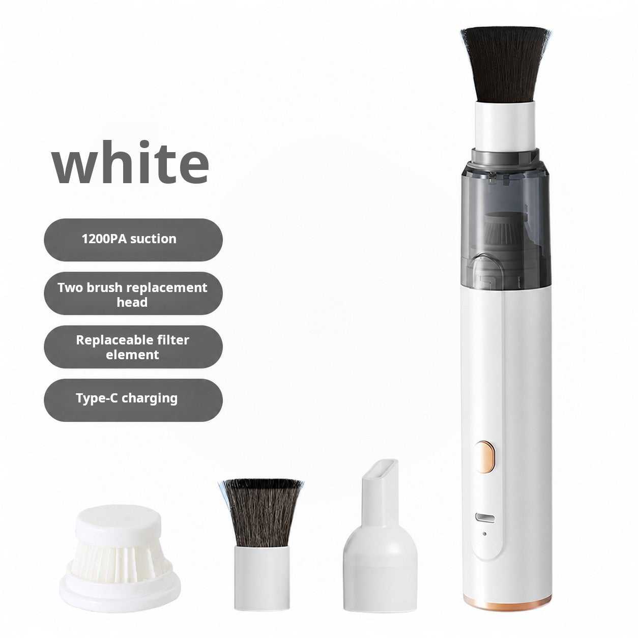 Wireless handheld coffee vacuum cleaner with nozzles and USB Type-C charging on desk surface