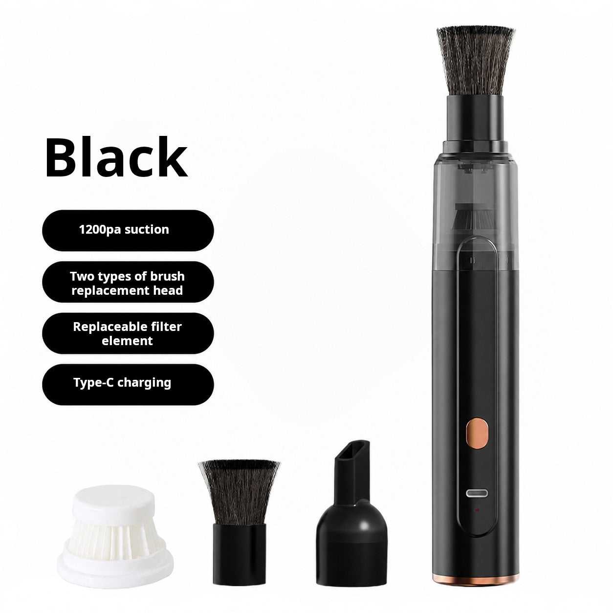 Wireless handheld coffee vacuum cleaner with brush and crevice nozzles on desk