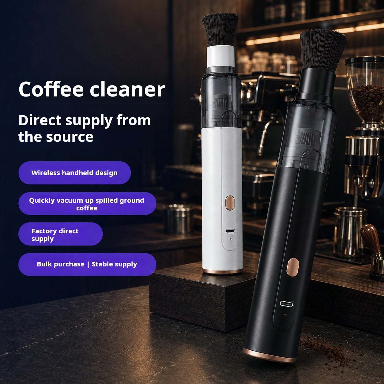 Wireless handheld coffee vacuum cleaner with brush and crevice attachments on desk