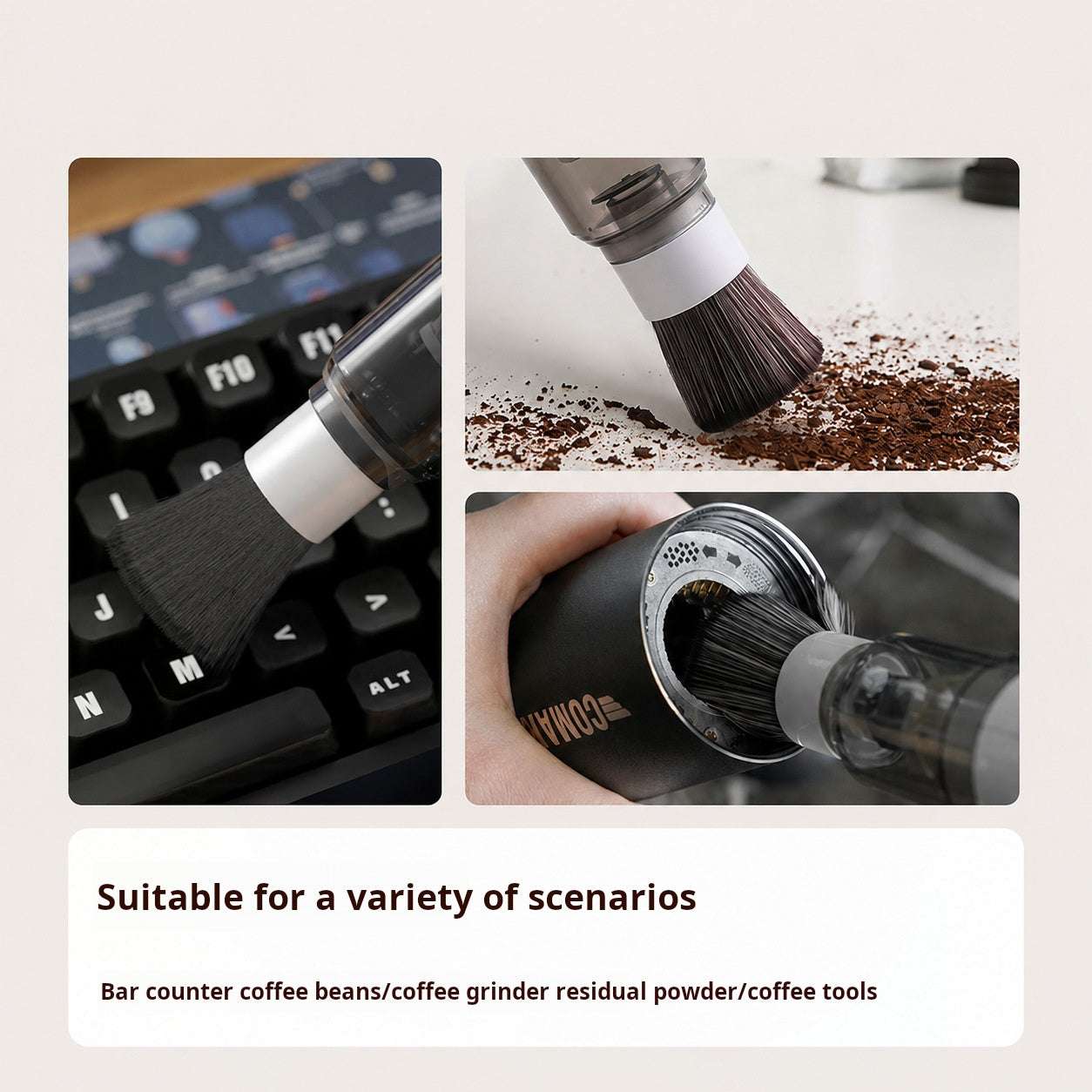 Wireless handheld coffee vacuum cleaner with brush and crevice attachments on a desk