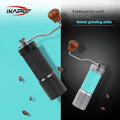 IKAPE manual coffee grinder with wooden handle and adjustable grind settings on textured body