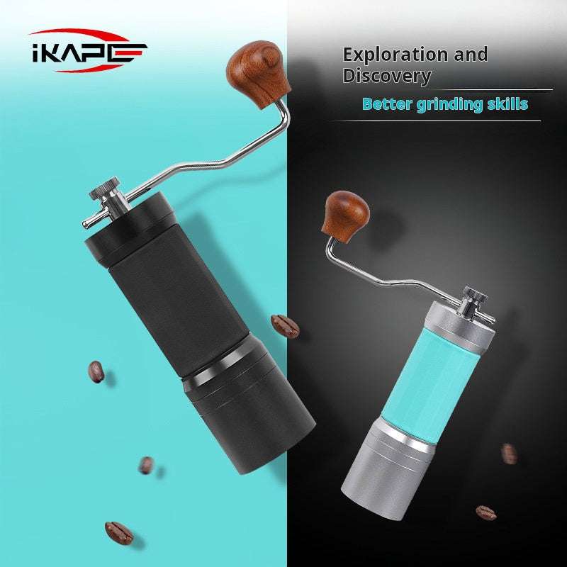 IKAPE manual coffee grinder with wooden handle and adjustable grind settings on textured body