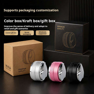 Dual Head 2-in-1 coffee distributor and espresso tamper with adjustable depth and ergonomic grip in silver, pink, and black colors